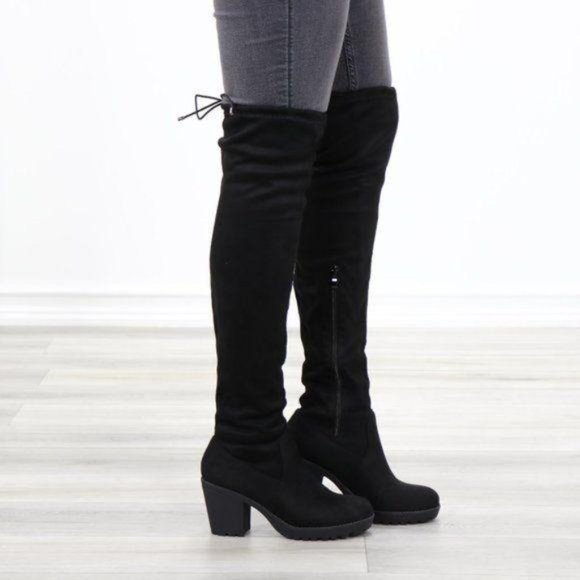 Lug Chunky Heel BlackThigh High Suede Boots - Picture 6 of 15